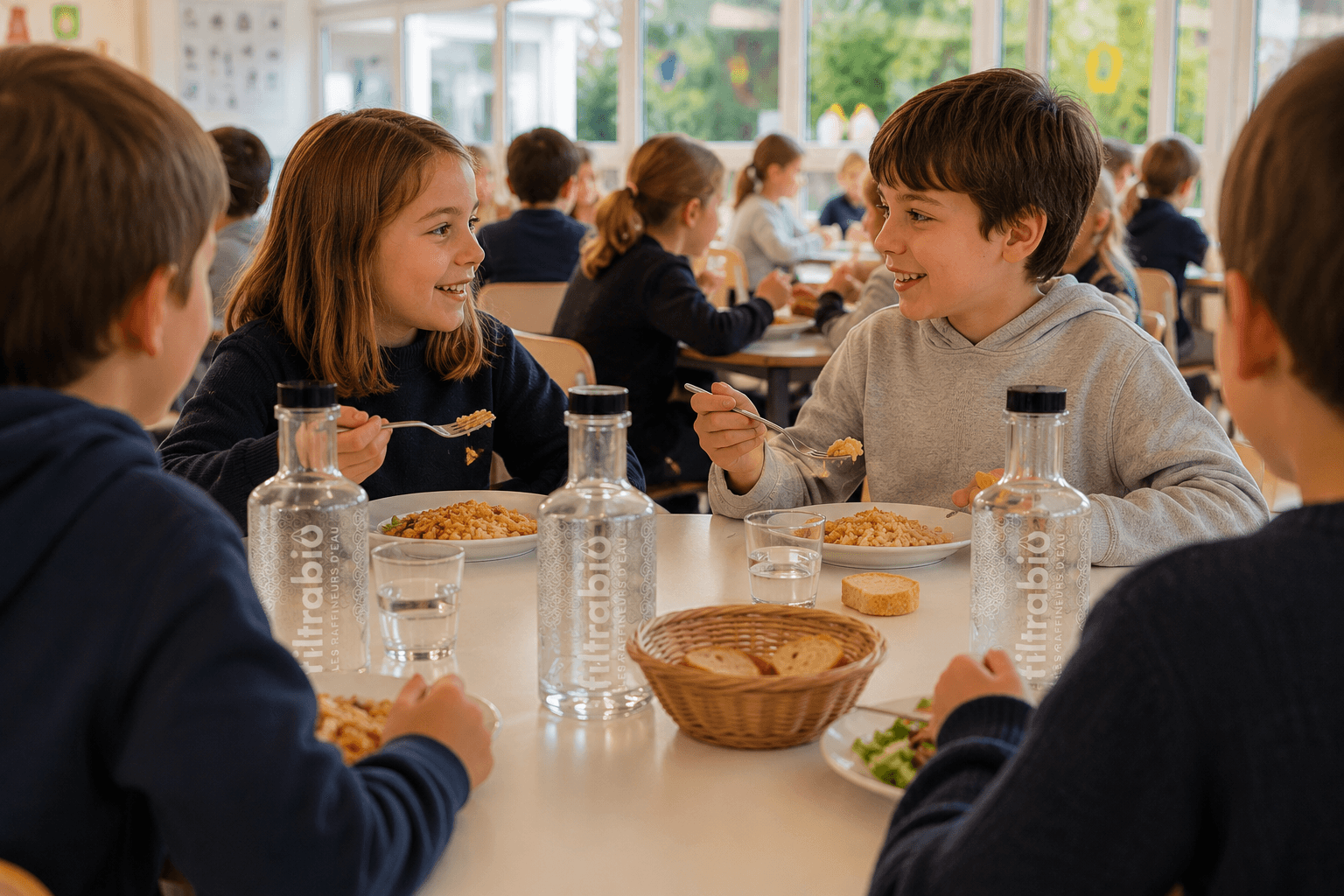 Enfants buvant à table d'une carafe en verre Filtrabio dans une cantine scolaire, sans bouteille plastique