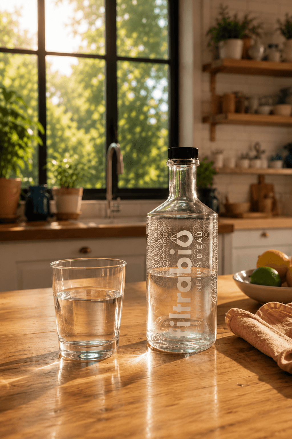 Verre et carafe Filtrabio sur une table — shooting Filtrabio