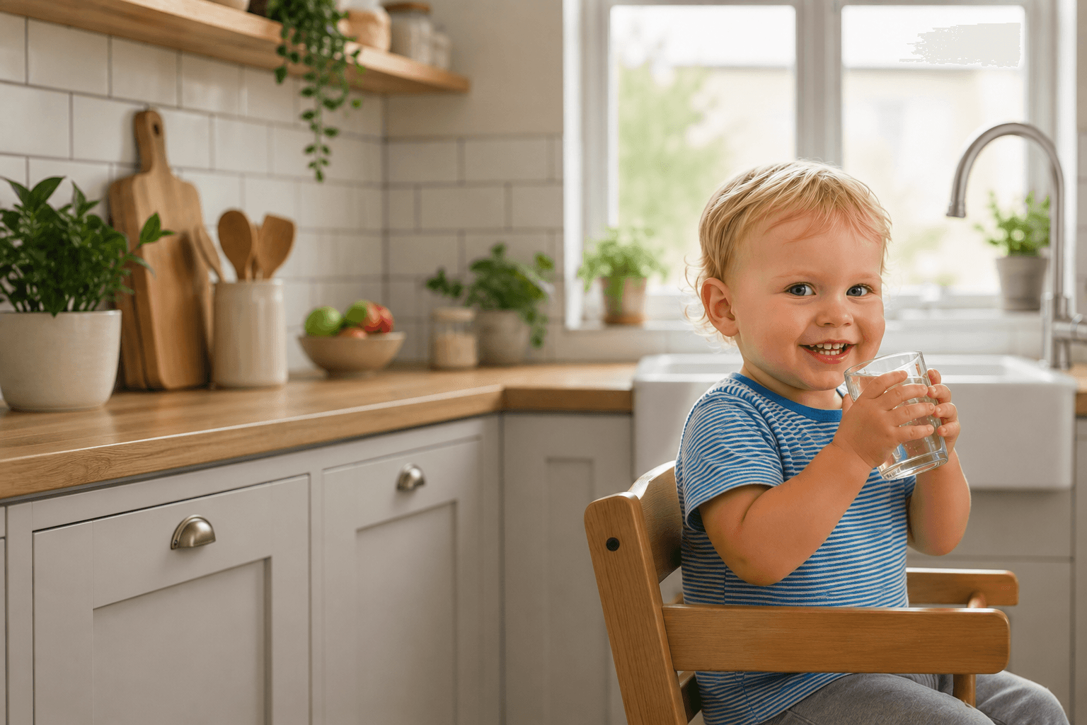 Enfant qui boit un verre d'eau dans la cuisine