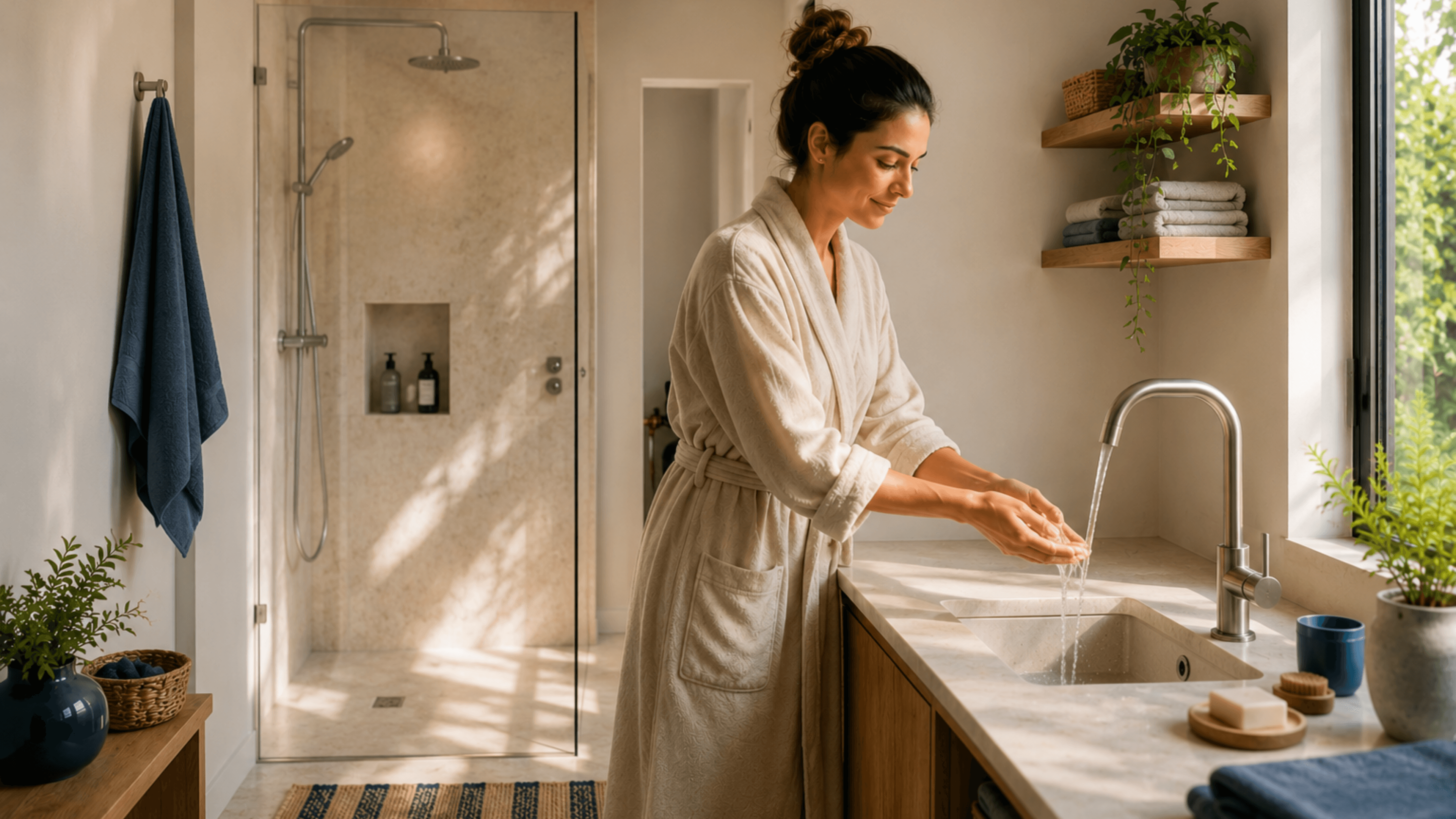 Se doucher dans une salle de bain équipée Filtrabio — shooting Filtrabio