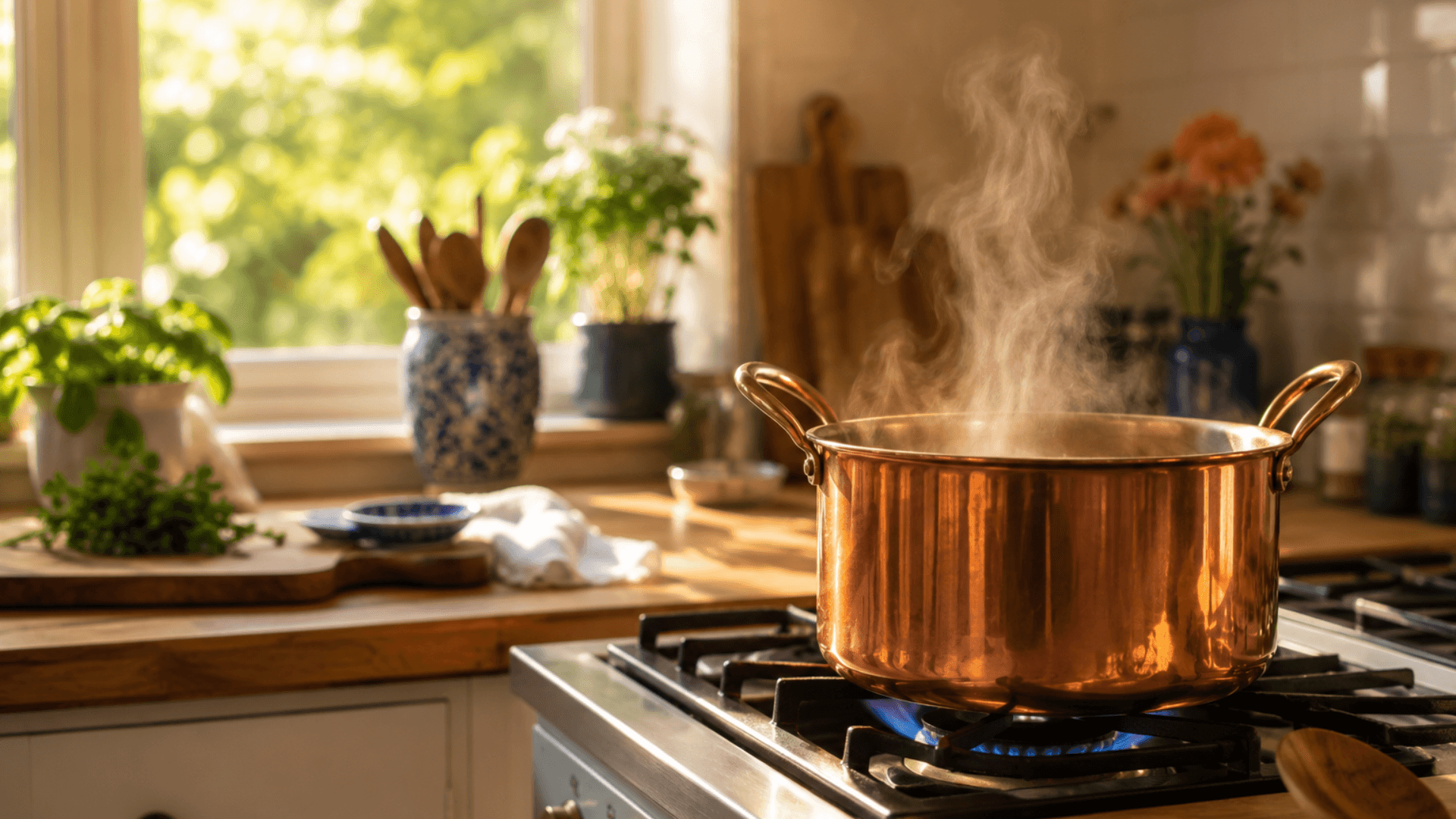 Casserole de cuisson en cuivre, vapeur — shooting Filtrabio